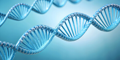 Close-up view of a double helix structure in light blue , DNA, genetic, genome, research, science, biology