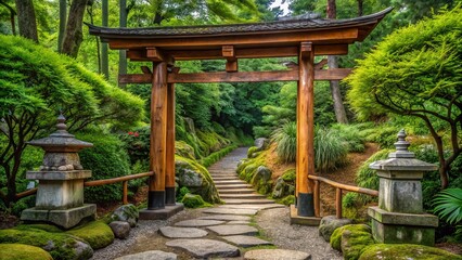 Naklejka premium A traditional Japanese arch stands tall, enveloped by vibrant foliage and weathered stone, whispering secrets to the