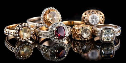 Assorted elegant rings on a black background, jewelry, accessories, fashion, glamour, luxury, sparkly, shiny, precious, diamonds