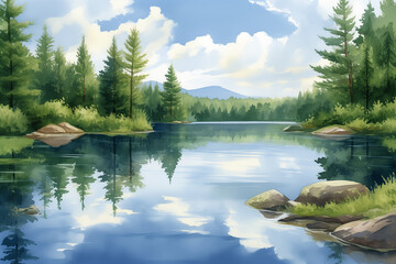 Fototapeta premium Watercolor illustration of a tranquil lake surrounded by pine trees, with reflections of the sky and trees in the water, Generative AI