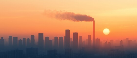 Urban skyline at sunset, showcasing industrial smokestacks emitting pollution into the colorful evening sky.