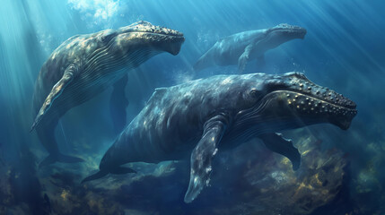 Fototapeta premium Whale migrations, or seasonal movements within ancient oceans