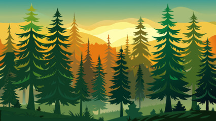 Obraz premium Tranquil illustration of a serene forest with towering pines, lush greenery, and captivating landscapes - nature, mountain, pine, forest, illustration, landscape, tree, green, background, travel, wood