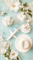 Aesthetic travel themed wedding invitation, map, hats, white boho flowers, figure of a plane. Generative AI