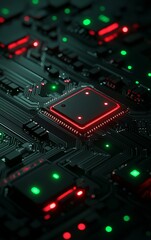 Fototapeta premium Close-up of a futuristic circuit board showcasing vibrant red and green lights, highlighting advanced technology and connectivity.