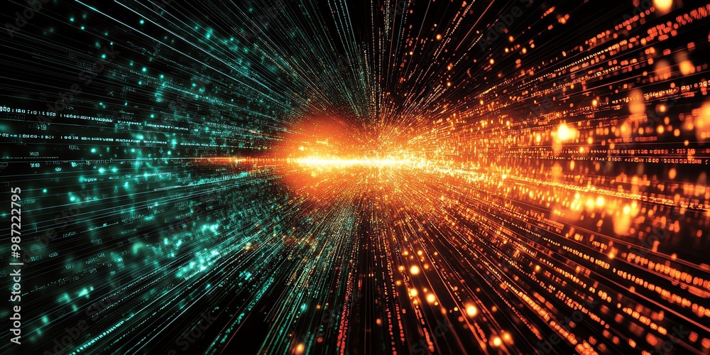 Poster abstract digital tunnel with glowing lines and particles.