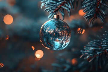 Obraz premium A beautiful glass ornament hangs on a frost-covered pine branch surrounded by glowing lights during a cozy winter evening