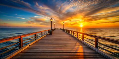 Obraz premium Sunset casting a warm glow on a wooden pier overlooking the ocean , sunset, pier, ocean, dusk, horizon, peaceful, tranquil