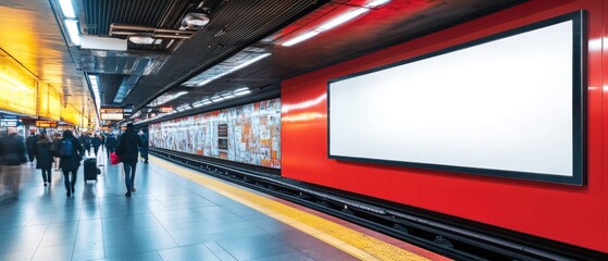 Blank advertising mockup at a busy metro station showcasing the perfect space for impactful marketing campaigns with commuters and sleek infrastructure