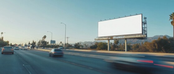Blank advertising mockup on a highway billboard with cars speeding past creating a dynamic setting for large-scale advertisements