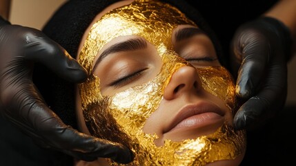 Close-up of hands applying a gold leaf face mask to a client skin for a luxurious beauty treatment.