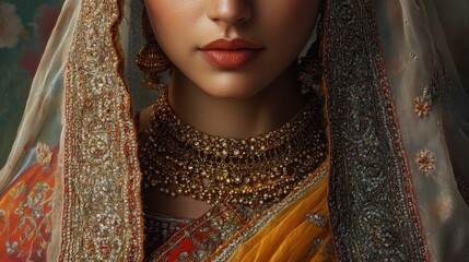 cultural textile art, this portrait showcases the exquisite craftsmanship and beauty of indian textiles in the traditional dress worn by an ethnic indian woman