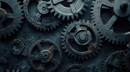 Industrial steampunk template, mechanical gears. black and golden colour, copy space in centre. Generative AI