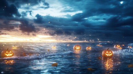 Pirate-themed jack-o-lanterns floating in the ocean glowing softly as waves crash around them
