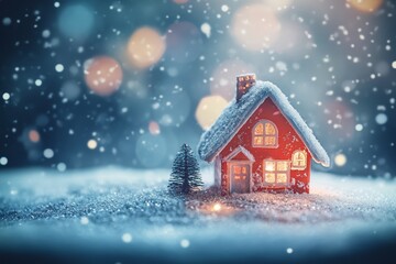 Fototapeta premium A small red house covered in snow radiates warmth while snowflakes gently fall, creating a serene winter atmosphere