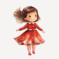 Illustration of a young girl with brown hair in a red dress.