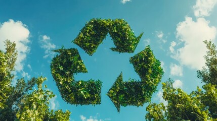 Obraz premium A recycling symbol made from lush green plants set against a bright blue sky, representing environmental sustainability and eco-friendly practices.