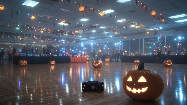 Retro 1980s Halloween costume party with neon lights cassette tapes