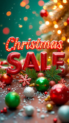 A Christmas sale features bright red lettering amid a festive arrangement of ornaments, tinsel, and pine, evoking a joyful holiday spirit filled with cheer