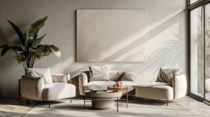Modern living room with cozy furniture and large plant in sunlight.