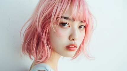 ヘアモデルの若い日本人の女性　ピンク