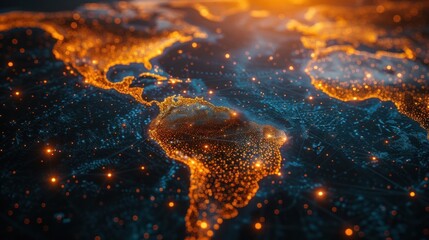 Illuminated Network Connections Spanning Across a Stylized Global Map at Night