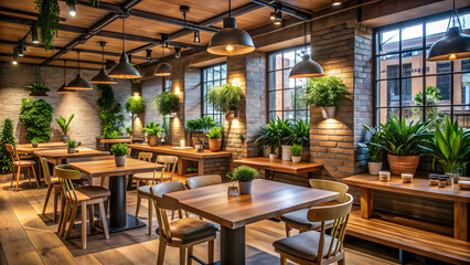 Cozy and inviting restaurant interior with wooden tables, soft lighting, and potted plants, cozy, inviting