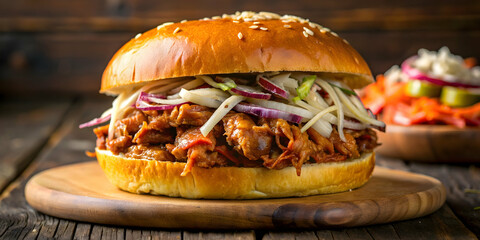 Delicious pulled pork sandwich with coleslaw and pickles on a brioche bun, pulled pork, sandwich, coleslaw