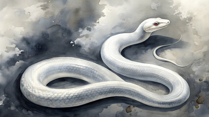 Fototapeta premium Elegant ink painting of a white snake , Japanese art, traditional, brush strokes, black and white, minimalist, symbolic