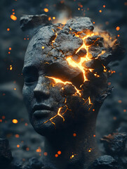 A stone face, cracked and broken, with glowing embers and sparks emanating from its interior.