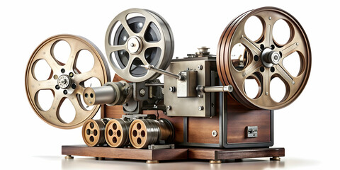 Naklejka premium Vintage movie projector with film reels isolated on white background, antique, cinema, classic, entertainment, film