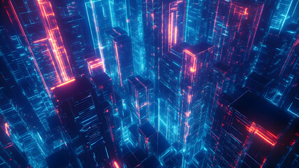 Fototapeta premium Futuristic city skyline with glowing neon lights, abstract background, digital art, cyberpunk, glowing city.