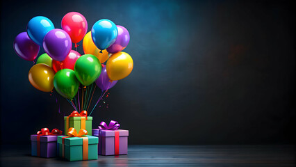 Colorful birthday card with balloons and gift boxes on dark background, birthday, card, colorful, balloons