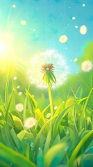 cute illustration of dandelions with their seeds spreading in wind in sunshine
