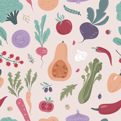 Seamless vector vegetable pattern. Organic food. Background in flat style. Pumpkin, Tomato, Broccoli, Carrot, Onion, Radishes, Beetroot, Pepper, Cucumber, Potato, Mushrooms, Olives