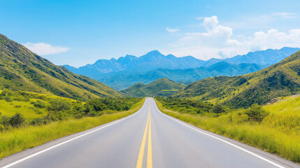 Fototapeta premium A long, empty road with green plants on both sides and mountains in the distance, the whole picture is particularly beautiful, with a clear sky. 