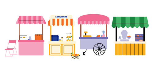 Farmers market, street fair shops. Cartoon illustration of bakery, lemonade, coffee, candy shop street fair stalls. Buyers and sellers make deals and purchases of products.