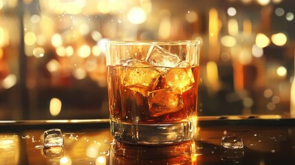 A whiskey and soda drink on a bar counter, with bubbles rising and ice clinking softly, the warm glow of whiskey visible through the glass
