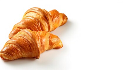 Freshly baked bread croissant isolated on white background with copy space. French pastry. Fresh Puff Pastry Pies, Sweet Kipferls, Buttery Viennoiseries, Layered Yeast Leavened Dough Pastries