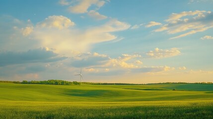 Obraz premium A wind turbine in the distance, surrounded by vibrant green fields, highlighting renewable energy and ecological sustainability.