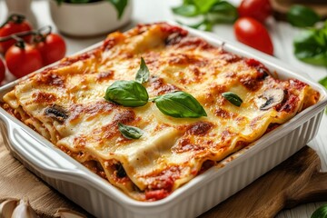 Italian lasagna casserole with firm tofu, mushrooms, tomato sauce baked on the oven, served on a baking dish with fresh basil on a white wooden background, close-up , ai