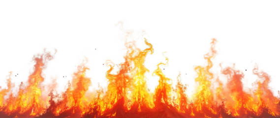 Vibrant bottom border, intense fire with dynamic flames and heat waves against a stark, isolated on transparent background