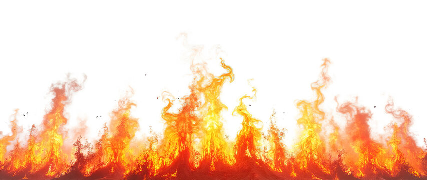 Vibrant bottom border, intense fire with dynamic flames and heat waves against a stark, isolated on transparent background