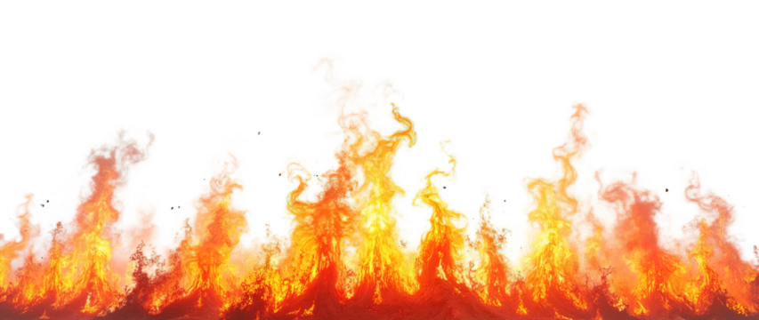 Vibrant bottom border, intense fire with dynamic flames and heat waves against a stark, isolated on transparent background
