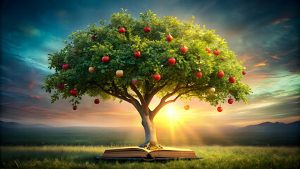 Mystical Tree of Knowledge with forbidden fruit, symbolizing temptation and curiosity, tree, knowledge, garden, Eden