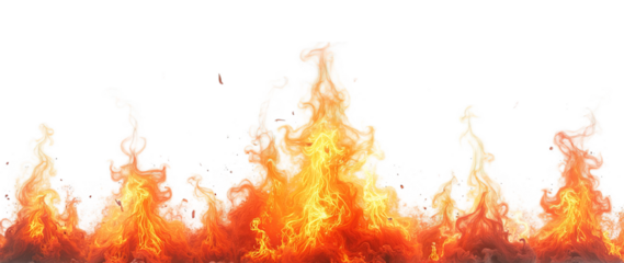 Vibrant bottom border, intense fire with dynamic flames and heat waves against a stark, isolated on transparent background