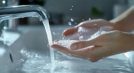 Fototapeta premium A close-up shot of hands washing under the tap, showcasing clean water flowing from it into their palms in a modern bathroom setting. 