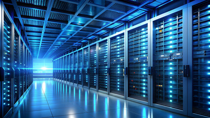 Fototapeta premium Abstract technology background of server room with blue lights, server, room, technology, abstract, background, blue lights