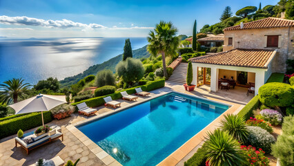 Fototapeta premium Mediterranean holiday house with pool surrounded by lush gardens and stunning ocean views, vacation, Mediterranean, holiday