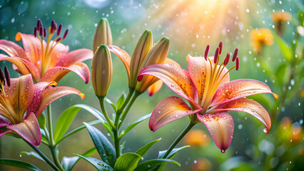 Fototapeta premium Lily flowers glistening with raindrops in a peaceful garden setting, nature, flora, petals, water droplets, beauty